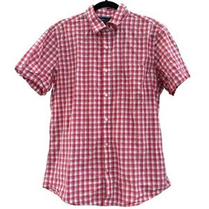 Banana Republic Men's Red White & Blue Plaid Short Sleeve Button Up Shirt Large